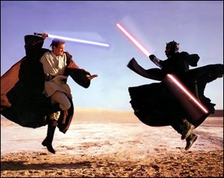 La doble espada laser no le sirve a Darth Maul al final para nada
