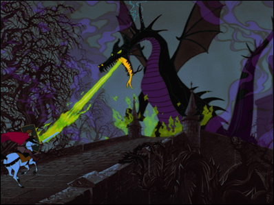 El príncipe acomete al dragón, en La Bella Durmiente, de Disney