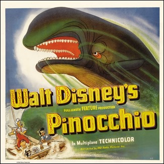 Estupendo poster de Pinocho con la ballena Monstro como reina del cartel