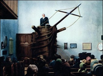 Orson Welles como el padre Mapple y su púlpito con forma de proa