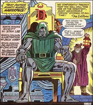 Ilustración inicial del  anual 2 de Fantastic Four, con el origen definitivo del Doctor Muerte