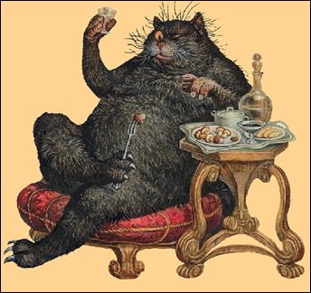 No he podido encontrar el nombre del autor de esta magnífica ilustración del gato Behemot para El maestro y Margarita