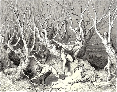 Los suicidas convertidos en árboles, según Doré para la Divina Comedia