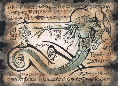 Supuesta página del Necronomicon, con la figura de Cthulhu