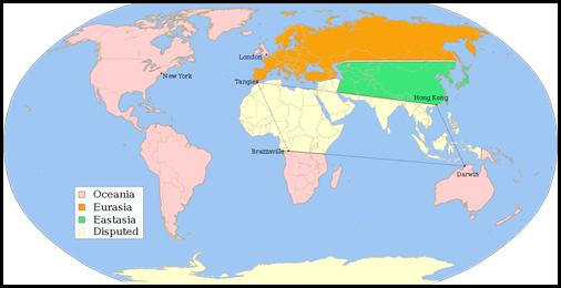Mapa que especula con la division del mundo entre los tres paises inventados por Orwell para 1984 (fuente, wikipedia)