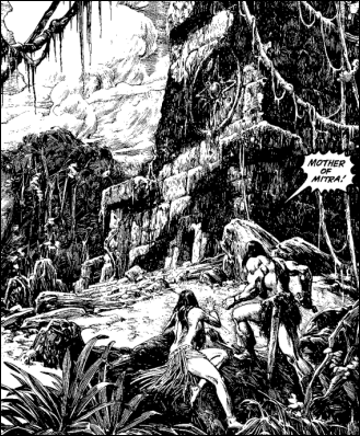 Ilustracion de John Buscema y Alfredo Alcala para Sombras de hierro a la luz de la luna, en La espada salvaje de Conan