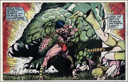 Majestuoso dibujo de Barry Windsor-Smith para el momento en que Conan se enfrenta al dinosaurio, en Clavos rojos