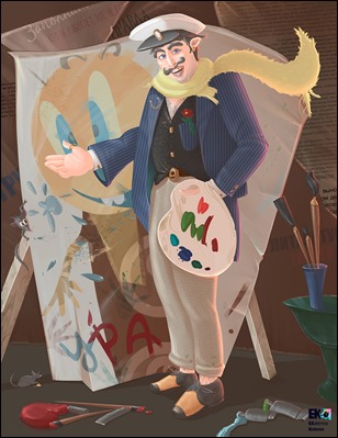 Ilustracion de Ekaterina Kotova sobre un episodio especialmente comico de Las doce sillas, con el gran intrigante, Ostap Bender, in person