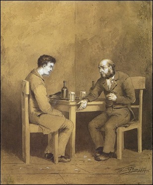 Raskolnikov hablando con Marmeladov, ilustración de Mijail Klodt para Crimen y castigo