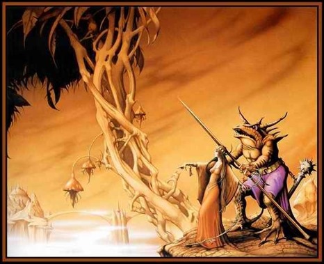Ilustracion clasica de Rodney Matthews para La conquista del estanque de la luna