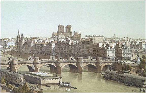 Paris, isla de la Cite y Pont Neuf, hacia 1840. Grabado de Hoffbauer