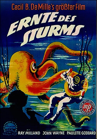 Cartel aleman de Piratas del mar Caribe centrado en el famoso calamar gigante del final